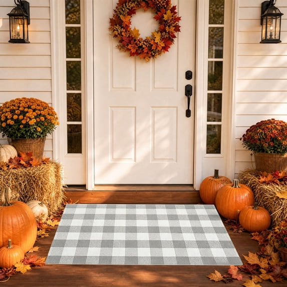 Orange and Black Plaid Rug, 32'' x 20'' Fall Outdoor Front Door Decor Mat, Cotton Washable Hand-Woven Rug for Layered Doormat, Autumn Halloween Thanksgiving Carpet for Porch, Entryway