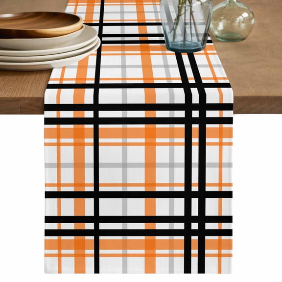Orange Black Plaid Table Runner 36 Inches Long, Kitchen Dining Table Decoration, Farmhouse Orange Black Checkered Coffee Tablerunner Dress Scarves Farmhouse Décor for Party, Holiday, 13 x 36