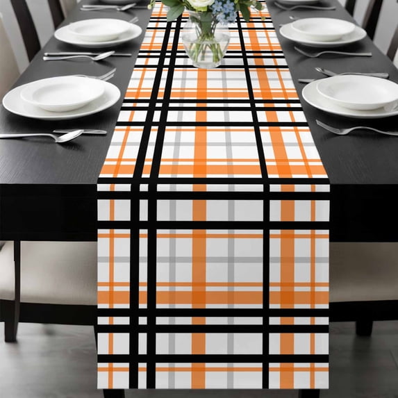 Orange Black Plaid Table Runner 70 Inches Long, Farmhouse Orange Black Checkered Kitchen Coffee Dining Table Decoration for Home Party Birthday Wedding Home Decor 13x70 Inches