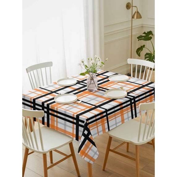 Orange Black Plaid Tablecloth Rectangle Table Cloth 52x70, Waterproof Tablecloth Outdoor Table Cloth, Farmhouse Orange Black Checkered Washable Table Cover for Kitchen Dinning Party