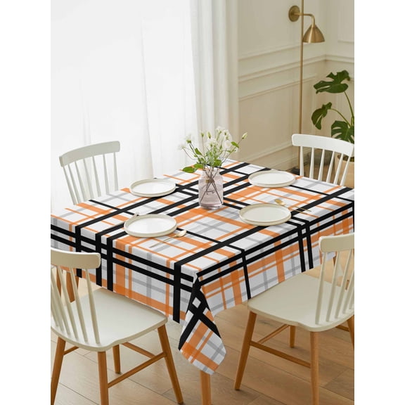 Orange Black Plaid Tablecloth Rectangle Table Cloth 52x70, Waterproof Tablecloth Outdoor Table Cloth, Farmhouse Orange Black Checkered Washable Table Cover for Kitchen Dinning Party