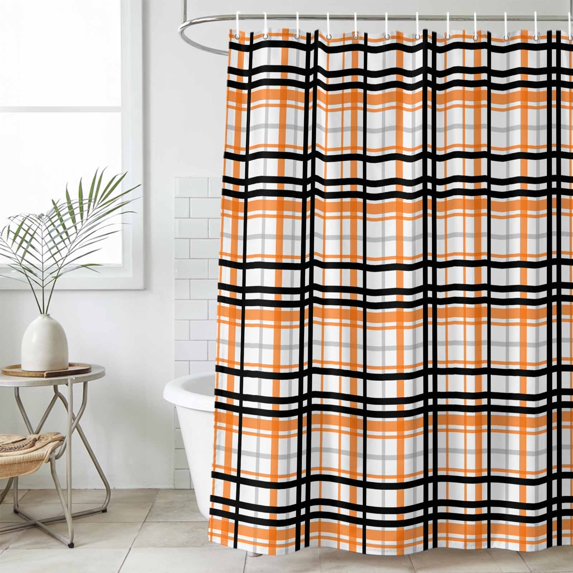 Orange Black Plaid Waterproof Fabric Shower Curtain,Farmhouse Orange Black Checkered Waterproof Fabric Shower Curtain for Bathroom Curtains Bathtubs Hotel Shower Curtains with 12 Hooks Long 72x78in