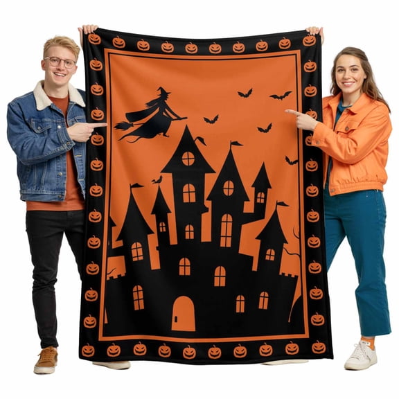Orange Black Pumpkin Light Flannel Blanket for Bed,Travel and Camping, Castle Witch Bat Halloween Super Soft Cozy Blanket for All Seasons 40"x50"