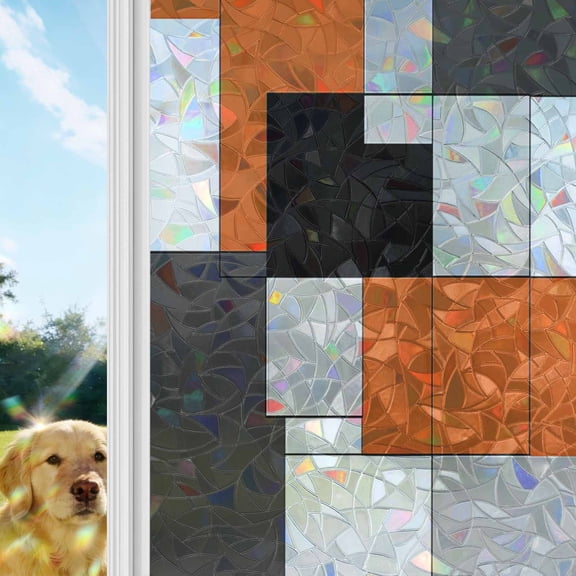 Orange Black Rainbow Window Privacy Film, Gray Geometric Abstract Color Block Modern Stained Glass Window Film, Sun Blocking Glass Clings Static Cling Non Adhesive Door Stickers 29.5 x 118 Inches