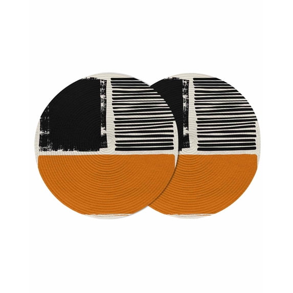 Orange Black Round 13 Inch Placemats Set of 2, Farmhouse Striped Modern Abstract Art HeatResistant Non Slip Place Mats for Dining Table, Wipeable Braided Kitchen Table Mats for Housewarming