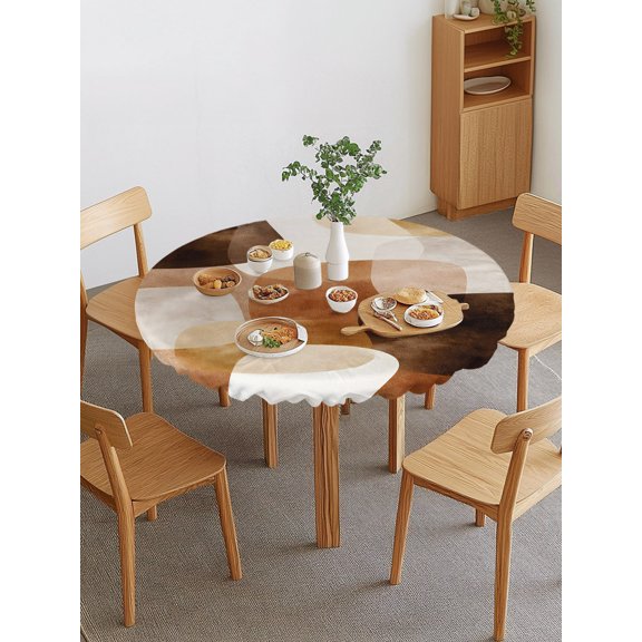Orange Black Shapes Round Fitted Tablecloth with Elastic Edge, Boho Abstract Watercolor Brown Shape Waterproof Stretch Table Covers for 36"-44" Tables Wipeable Table Cloth for Outdoor