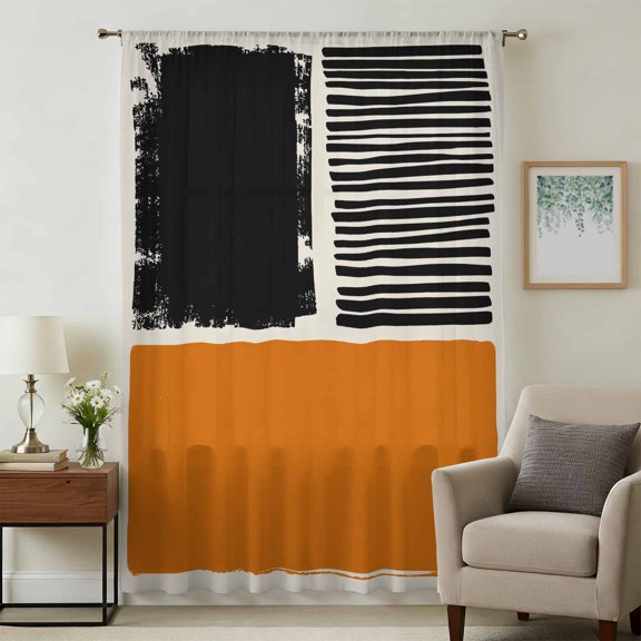 Orange Black Sheer Curtains 108" Extra Long for Living Room, Farmhouse Striped Modern Abstract Art Light Filtering Privacy Drapes, Breathable Semi Sheer Window Treatment for Floor to Ceiling Window