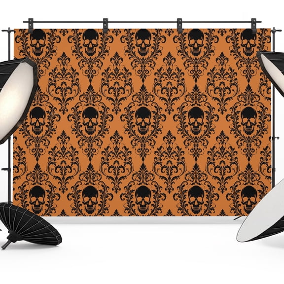 Orange Black Skulls Backdrops for Photography, Mysterious Fantasy Abstract Floral Skeletons Fabric Photo Background Sturdy Studio Props for Photo Studio, Video Recording, Booth & Photoshoot 10x8ft