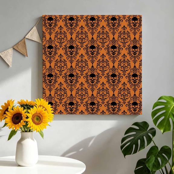 Orange Black Skulls Canvas Wall Art for Living Room, Mysterious Fantasy Abstract Floral Skeletons Poster Print Painting for Bedroom Office Home Decoration Wall Pictures Prepare To Hang 12"x12"