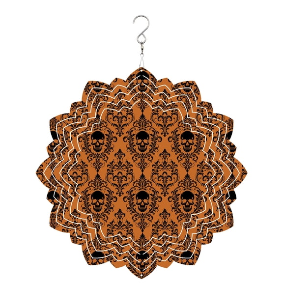 Orange Black Skulls Wind Spinner for Garden Yard 8In, Mysterious Fantasy Abstract Floral Skeletons 3D Stainless Steel Kinetic Hanging Wind Spinners Rustproof Outdoor Decor for Lawn Patio Home
