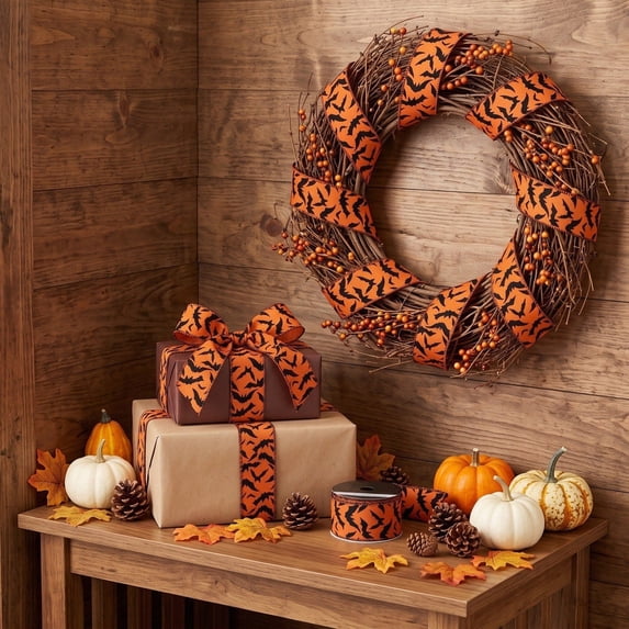 Orange Black Spiderweb Gift Wrapping Ribbon, Halloween Wired Edge Craft Ribbon for Fall Wreath DIY Decor, 141.73x2.48in