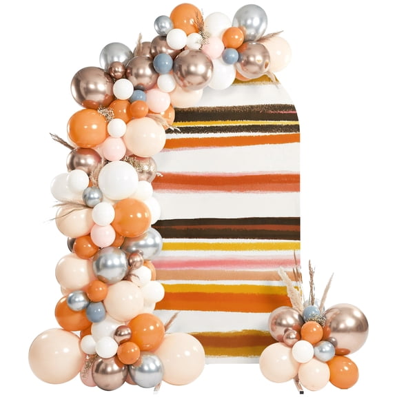Orange Black Striped Arch Backdrop Cover 6Ft, Wedding Arch Covers Stretchy Backdrop, Watercolor Vintage Stripes Fitted 2 Sided Arched Photo Background for Birthday Party Decorations