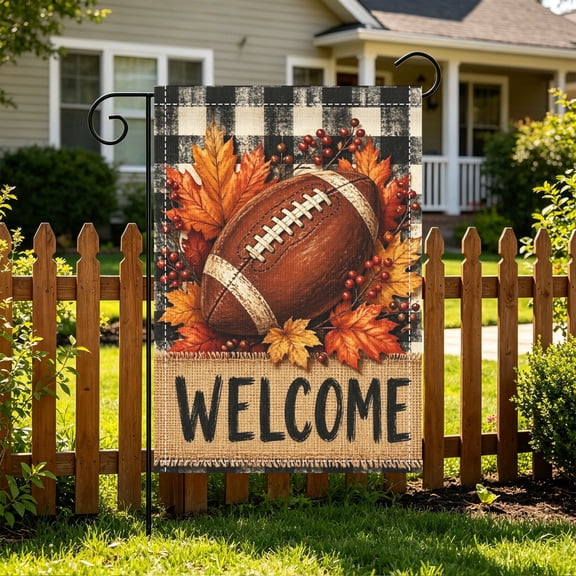 1PC Buffalo Plaid Autumn Football Welcome Garden Flag, Double Sided 2D Printed, Lawn Fall Decor, Christmas Thanksgiving Gift, No Flagpole