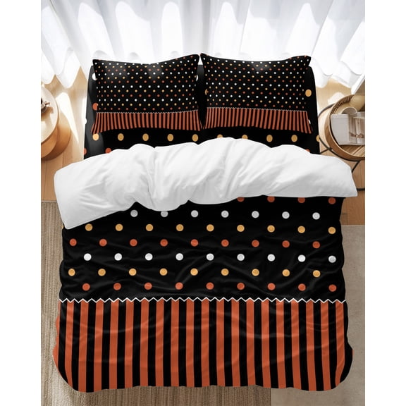 Orange Black Striped Bedding Duvet Cover Set California King Size 4 Pieces Halloween Yellow White Polka Dot Bedding Set with Zipper, 1 Comforter Cover 96x104 Inches 1 Flat Sheet & 2 Pillow Cases