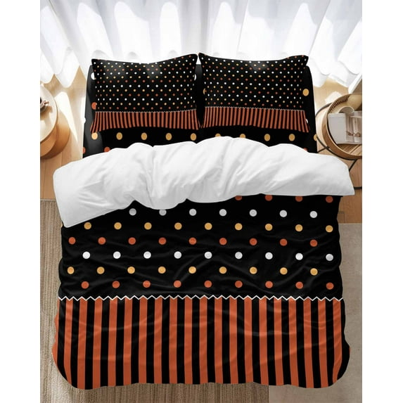 Orange Black Striped Bedding Duvet Cover Set Queen Size 4 Pieces Halloween Yellow White Polka Dot Bedding Set with Zipper Closure, 1 Comforter Cover 90x92 Inches 1 Flat Sheet & 2 Pillow Cases