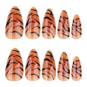 Orange Black Tiger Stripe Pattern Press on Nails Medium Almond Fake Nails with Animal Print Glossy Finish Orange Full Cover Adhesive Press Ons Chic Acrylic False Nails for Women Girls 24 Pcs