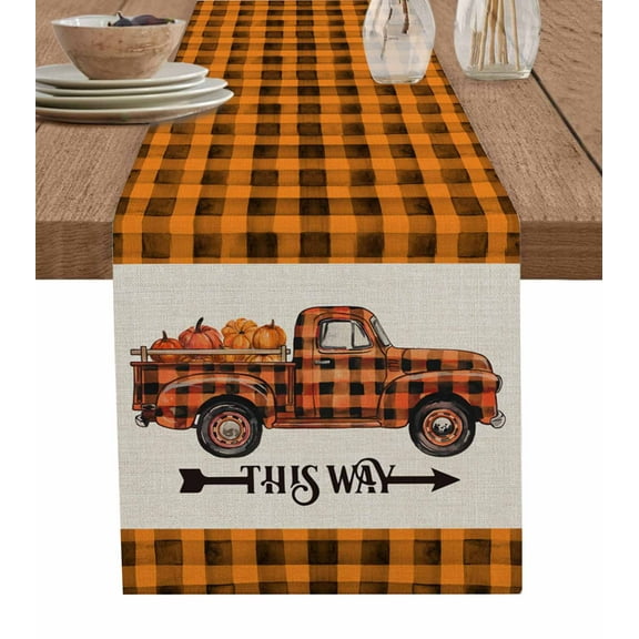 Orange Black Truck Fall Burlap Cotton Table Runner 13x60 Inches Long, Thanksgiving Plaid Vintage Rustic Farmhouse Table Runners, Outdoor Dining Tablecloths Decor for Baby Shower/Party/Wedding