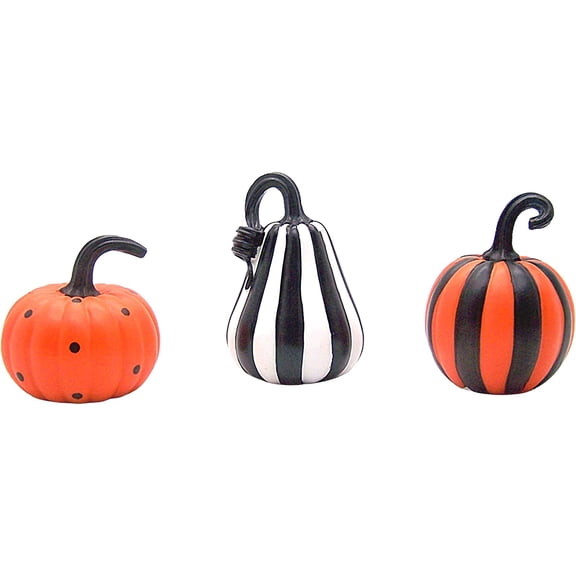Orange Black White Fall Halloween Pumpkin Gourd Figurines 3 Piece Set 4.75 Inch