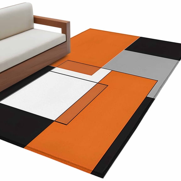 Orange Black White Geometric Area&nbsp;Rug 4x6ft Modern Abstract Art Color Block Non-Slip&nbsp;Washable Square&nbsp;Rugs Soft Felt Indoor Floor Mat for Bedroom Kitchen Living Room Bathroom