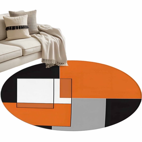Orange Black White Geometric Round Area Rug 3ft Modern Abstract Art Color Block Non-Slip Washable Circle Rugs Soft Felt Indoor Floor Mat for Bedroom Kitchen Living Room Bathroom