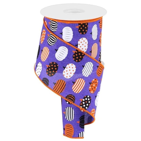 Orange Black and Purple Patterned Pumpkins Wired Ribbon: 4" X 10 Yards (30Feet)