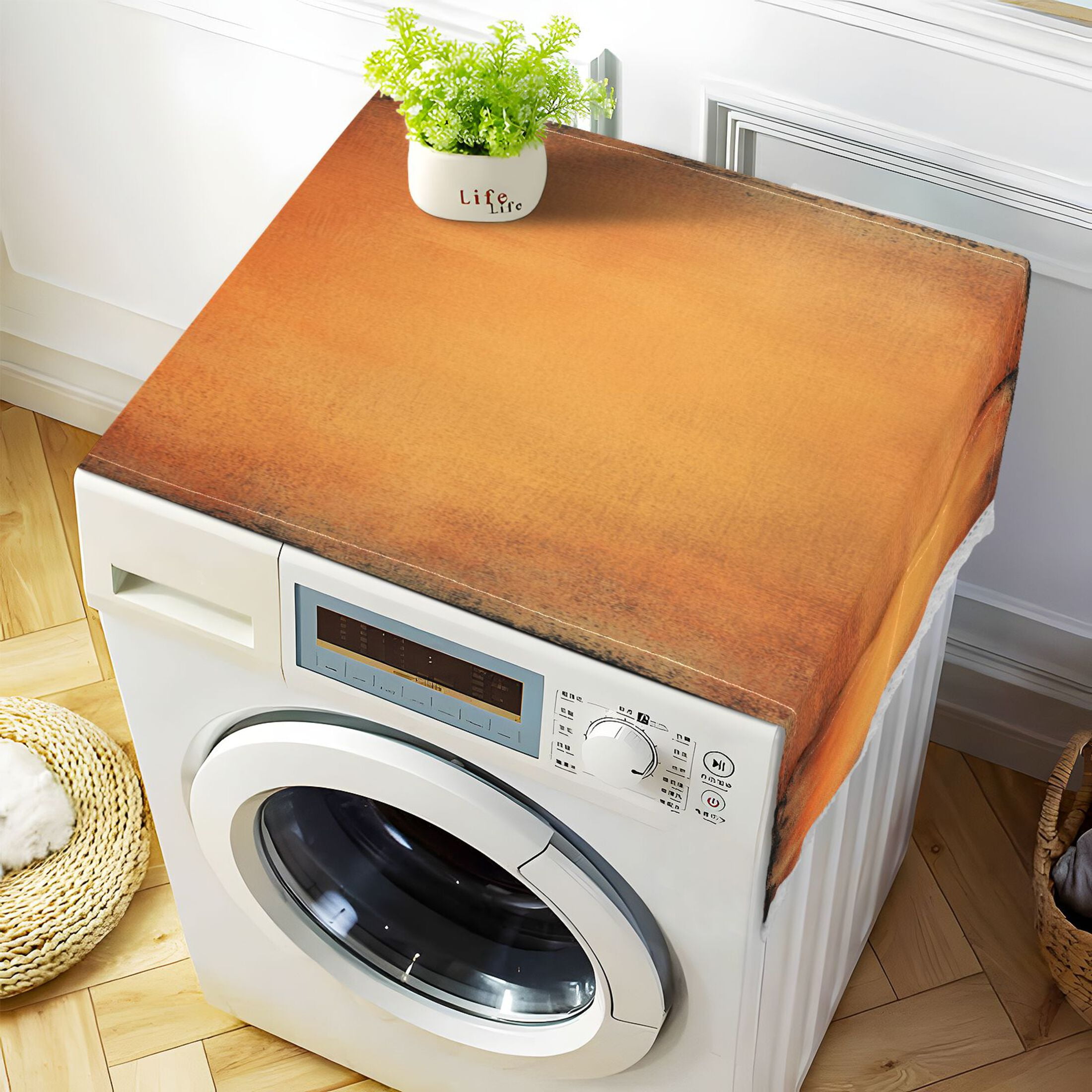 Orange Blackground PatternWasher and Dryer Covers Dust-Proof and Oil Resistant Fridge Cover with 4 Storage Pockets Washing Machine Top Cover for Laundry Kitchen Home 51.2 x 22 In