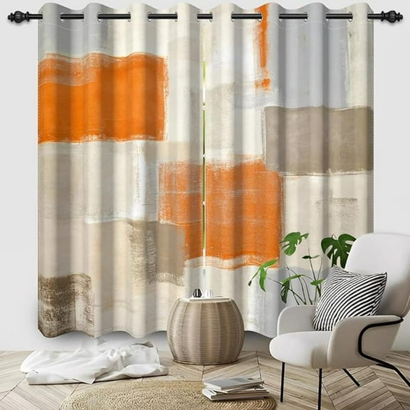 Orange Blackout Curtains, Vintage Country Style Orange And Grey Window Curtains For Living Room Darkening Drapes With Grommets 42"W x 84"L (Pack of 2)
