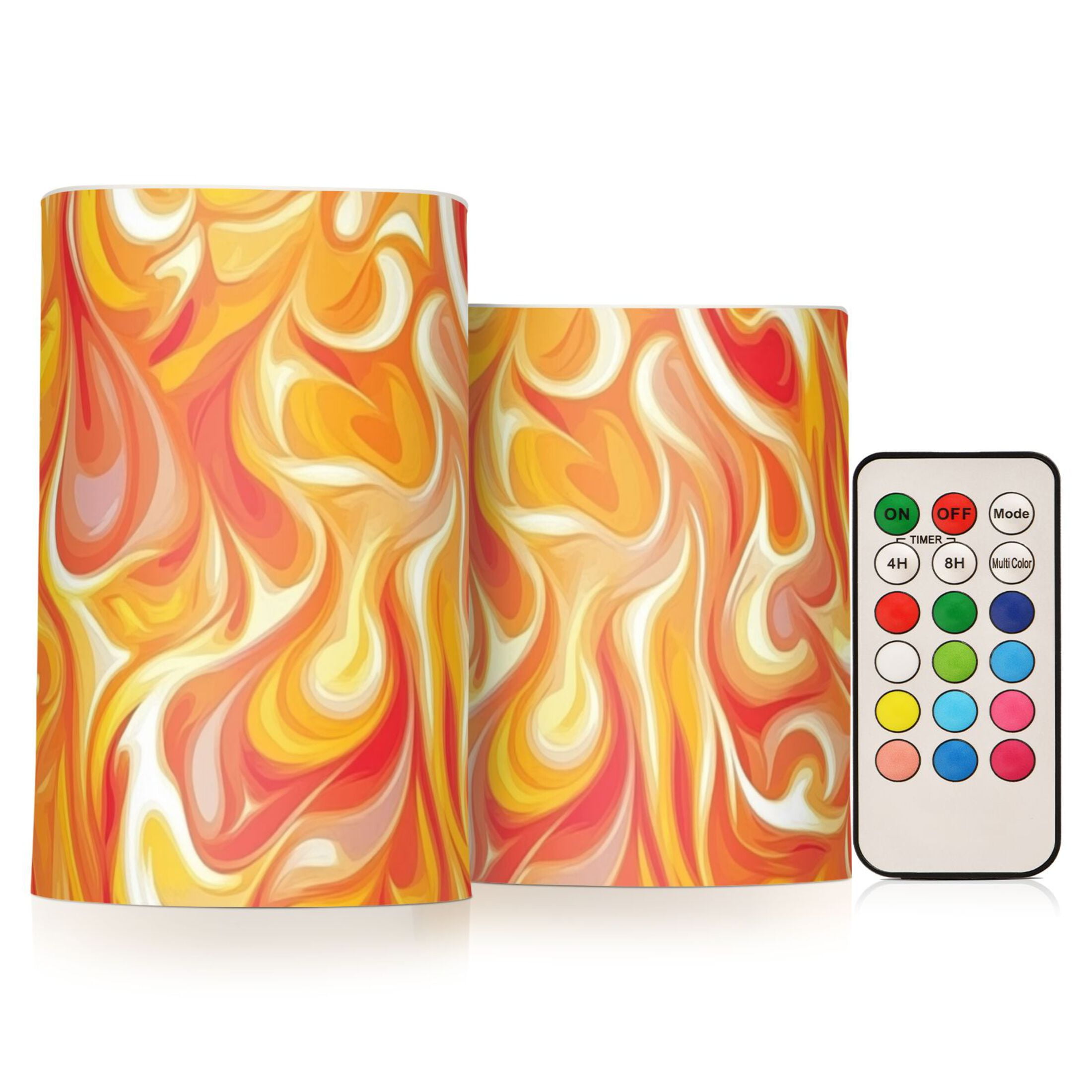 Orange Blaze Print Flickering Flameless Candles Battery Operated with Remote Timer LED Pillar Candles Set of 2