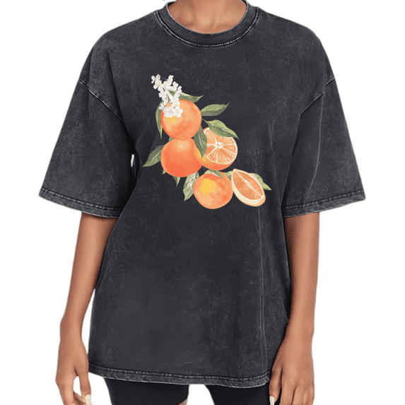Orange Blossom Washed Print Tshirt Graphic Tees Shirts Vintage Summer Streetwear Black S 2XL Tops