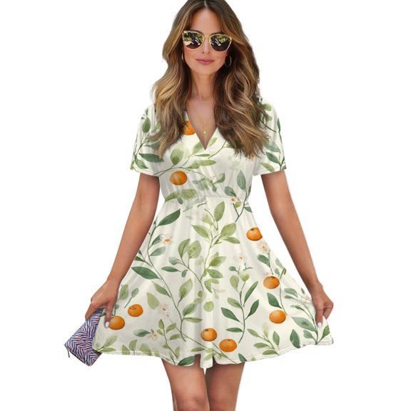 Orange Blossoms Leafy Cream Pattern Women Dress V-Neck Short Sleeve Flowy Swing Party Midi Dress