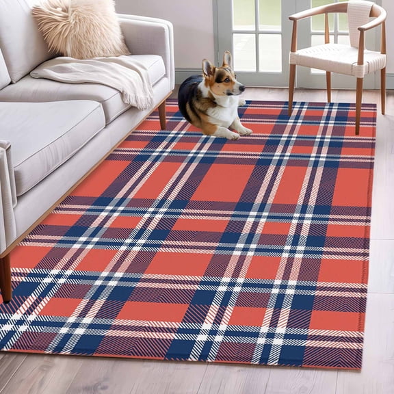 Orange Blue Area Rug 3x5 FT, Non Slip Entryway Bedside Carpet, British Style Buffalo Plaid Lattice Washable Soft Floor Carpet Indoor Mat Non-Shedding Throw Rugs for Dorm Kitchen Home Office