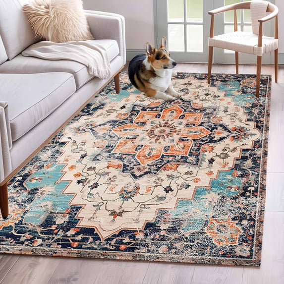 Orange Blue Area Rug 4x6 FT,Non Slip Kids Room Carpet,Boho Geometric Middle Century Abstract Western Washable Soft Floor Carpet Non-Shedding Throw Rug for Dorm Kitchen Study Room Home Office Bedside