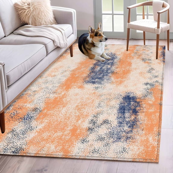 Orange Blue Area Rug 4x6 FT, Non Slip Kids Room Carpet, Minimalist Smear Abstract Art Painting Washable Soft Floor Carpet Non-Shedding Throw Rug for Dorm Kitchen Study Room Home Office Bedside