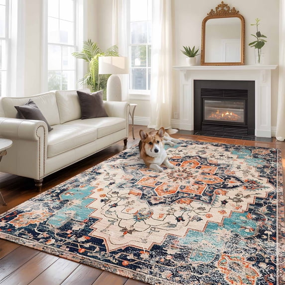 Orange Blue Area Rug 5x8 FT, Non Slip Bedroom Throw Carpet, Boho Geometric Middle Century Abstract Western Washable Soft Floor Carpet Non-Shedding Rug for Living Room Nursery Dorm Office