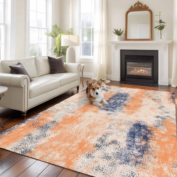 Orange Blue Area Rug 5x8 FT, Non Slip Bedroom Throw Carpet, Minimalist Smear Abstract Art Painting Washable Soft Floor Carpet Non-Shedding Rug for Living Room Nursery Dorm Office