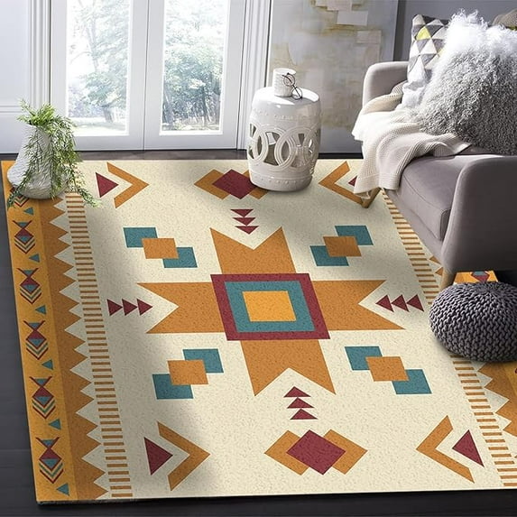 Orange Blue Area Rug for Living Room Bedroom, Geometric Ethnic Classic Art Rectangular Area Rugs Non-Slip Rug Washable Indoor Carpet for Dorm Office 3 x 4ft