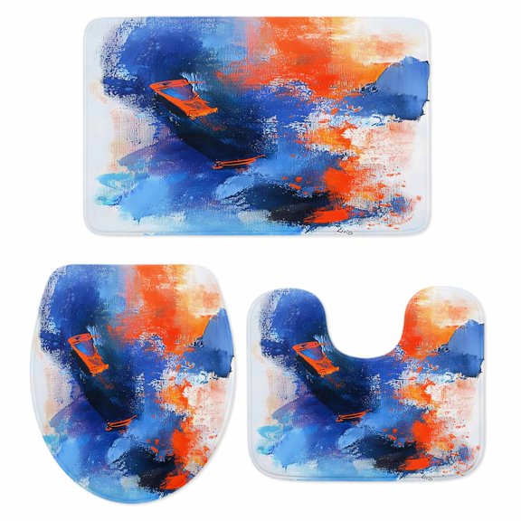 Orange Blue Bath Mat 3 Piece Bathroom Rug Set, Modern Abstract Oil Painted Aesthetics Non Slip Bath Rug Contour Mat and Toilet Lid Cover, Absorbent Shower Mats Soft Bath Rugs and Mats Sets