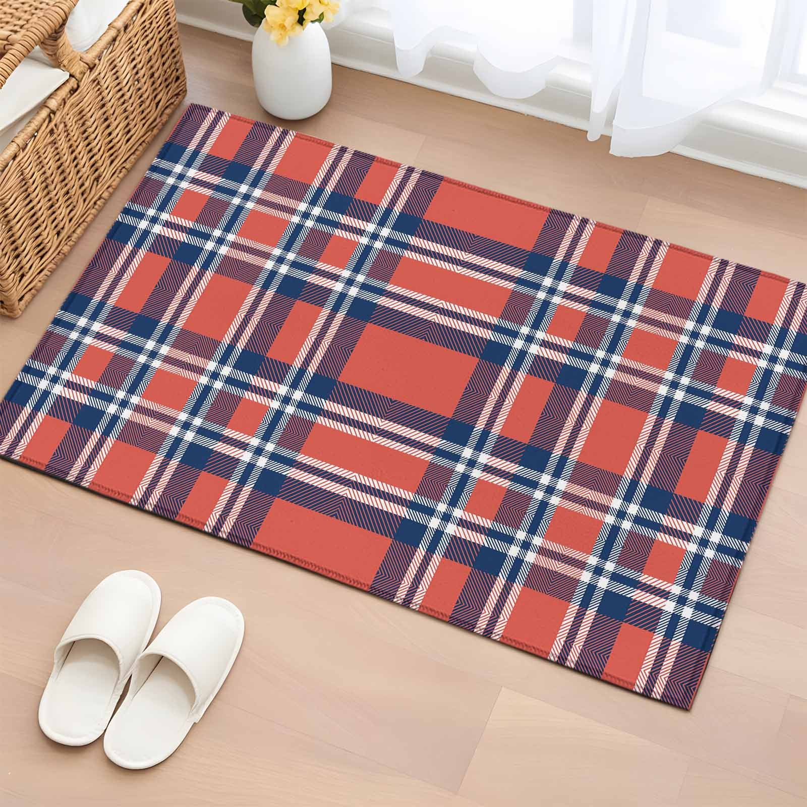 Orange Blue Bathroom Mats 2x3 FT, Non Slip Small Kitchen Mat, British Style Buffalo Plaid Lattice Washable Soft Backed Front Door Throw Rugs Non-Shedding Indoor Outdoor Doormat for Entryway Sink