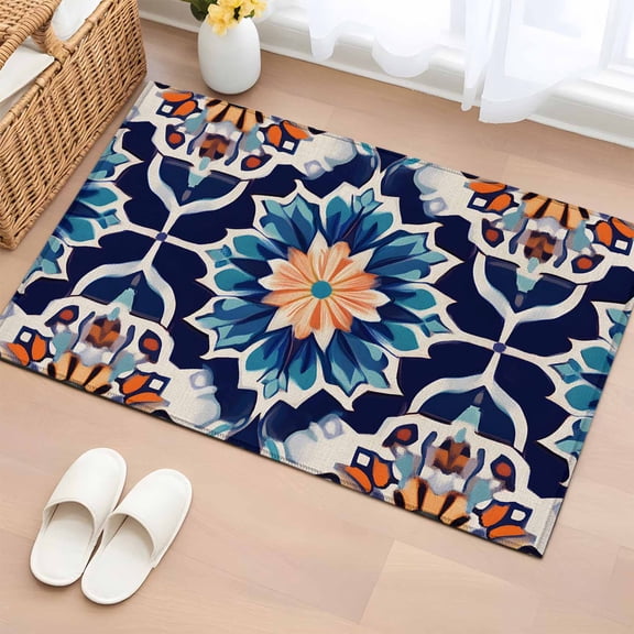 Orange Blue Bathroom Rug Washable 2x3 Entryway Rug Non Slip Morocco Boho Abstract Floral Ethnic Tribal Front Door Mat Low Pile Indoor Doormat Throw Floor Carpet for Kitchen Bedroom Entrance