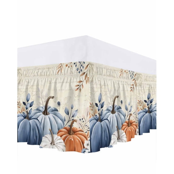 Orange Blue Bed Skirt California King Size 16in Drop, Fall Pumpkin Eucalyptus Leaf Retro Thanksgiving Wrap Around Dust Ruffle Bedskirts, Wrinkle&Fade Resistant Easy Fit Bedskirt with Elastic