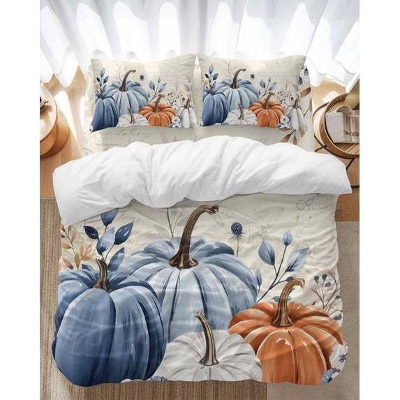 Orange Blue Bedding Duvet Cover Set Queen Size 4 Pieces Fall Pumpkin Eucalyptus Leaf Retro Thanksgiving Bedding Set with Zipper Closure, 1 Comforter Cover 90x92 Inches 1 Flat Sheet & 2 Pillow Cases