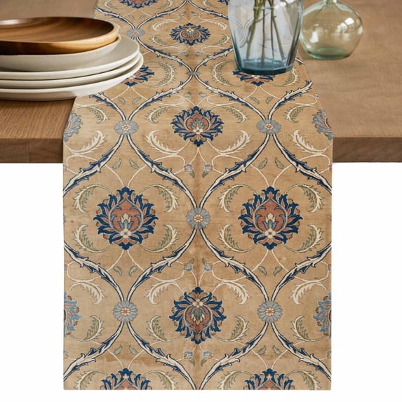Orange Blue Beige Floral Table Runner, Retro Botanical Abstract Vintage Washable Cotton Linen Table Runners 70 Inches Long, Dresser Scarf Runner for Dining/Kitchen/Coffee/TV Stands/Cabinets 13''x70''