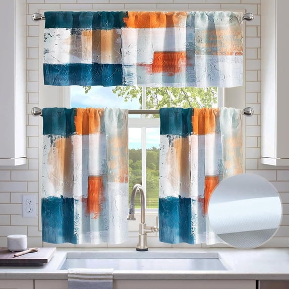 Orange Blue Blackout Kitchen Window Tier Curtains and Valance Set, 36 Inch Abstract Art Window Curtains Set with Rod Pocket for Small Windows, Living Room or Bathroom