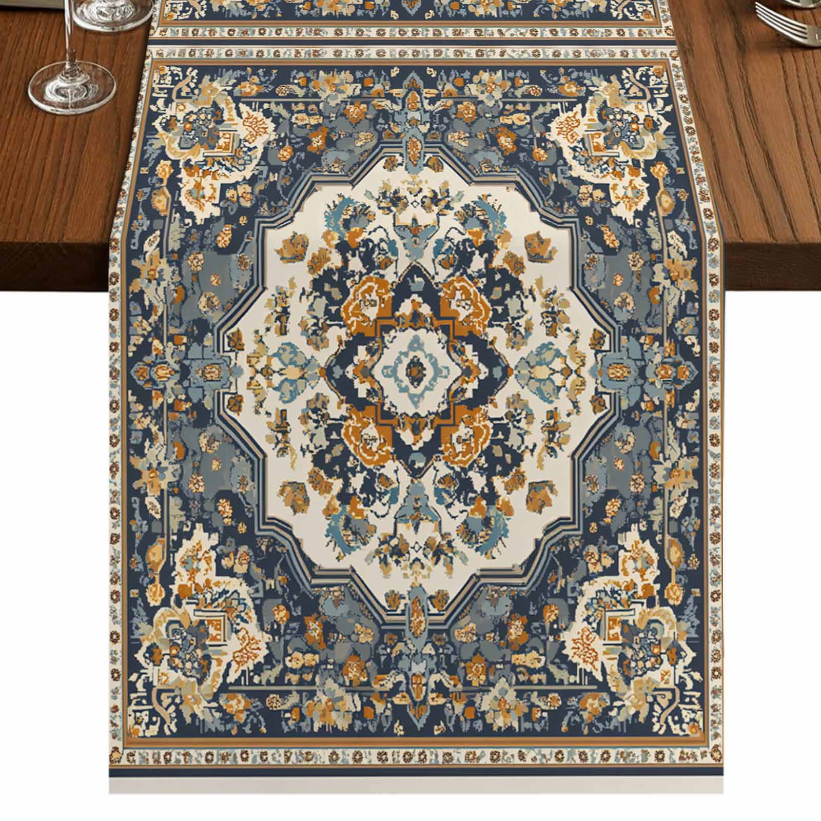 Orange Blue Boho 36 Inch Table Runner, Southwestern Geometric Vintage ...