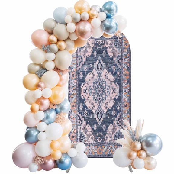 Orange Blue Boho Arch Backdrop Cover 5Ft, Wedding Arch Covers Stretchy Backdrop, Ethnic Geometric Middle Century Art Fitted 2 Sided Arched Photo Background for Birthday Party Decorations
