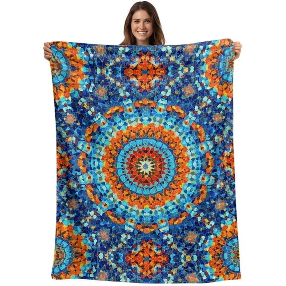 Orange Blue Boho Blanket Soft Cozy Warm Throw Blanket for Couch, Plush Fuzzy Flannel Blankets for Sofa, Bohemia Nation Ethnic Abstract Aesthetic Bed Blankets Lightweight Gifts for Women, 40"x60"