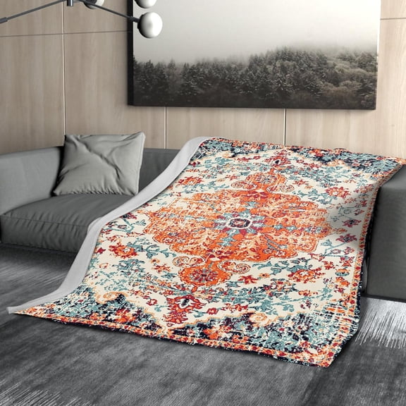 Orange Blue Boho Blanket Soft Flannel Lightweight Rust Teal Bohemian Throw Blanket Cozy Warm Vintage Aztec Carpet Blankets All Seasons Living Room Decor for Couch Chair Bed Sofa Office 40x50 inch