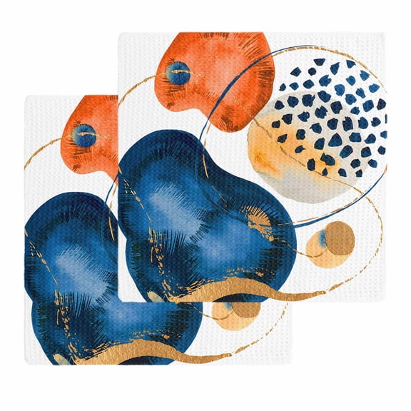 Orange Blue Boho Dish Towels Set, Waffle Weave Kitchen Towels 2 Pieces, Ethnic Abstract Geometric Striped Microfiber Hair Face Bath Tea Towel Absorbent Quick Drying Cleaning Dish Cloths 12"x12"