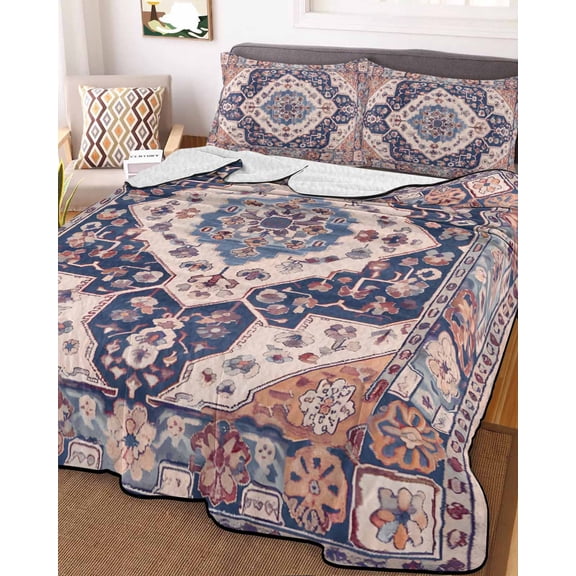 Orange Blue Boho Full Size Down Alternative Comforter, Lightweight Comforter Quilt Bedding Set with Pillow Shams Ethnic Geometric Southwest All Seasons Bed Comforter Duvet Insert 78"x90"