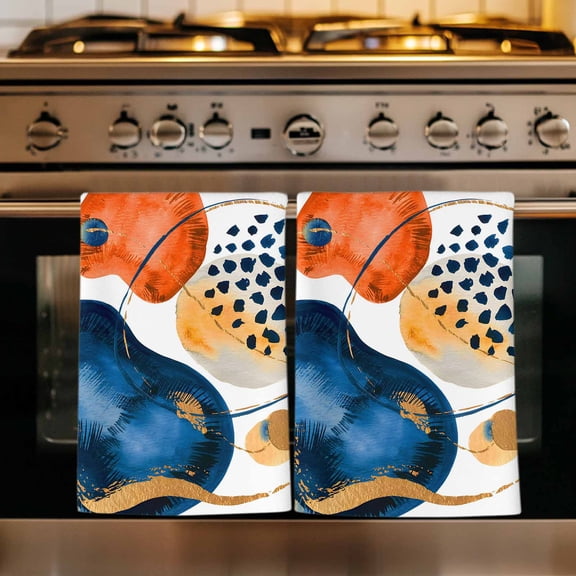 Orange Blue Boho Kitchen Towels Set of 1, Ethnic Abstract Geometric Striped Absorbent Dish Towels for Kitchen, Microfiber Hand Towel, Quick Drying Tea Towel for Cleaning Decorative Dishcloths